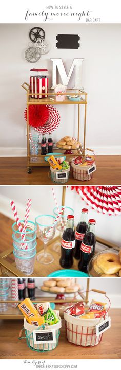 the dessert table is set up with red and white striped straws