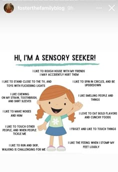 a cartoon girl with the words, i'm a sensory seeker