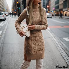 Olivia Mark - High-neck Slim-fit Long Thermal Sweater Dress Long Sleeve Dress Pattern, Longline Sweater, Long Sleeve Turtleneck Dress, Sweater Dress Casual, Turtleneck Long Sleeve, Long Sleeve Jumper, Long Sleeve Dresses, Knit Wrap, Khaki Dress