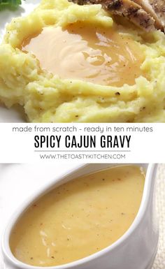 the recipe for spicy cajun gravy is shown in two different pictures, with text overlay