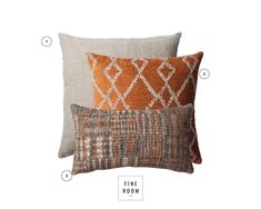 three pillows with different patterns on them and the words king room written in white letters