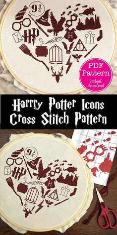 the harry potter cross stitch pattern is shown in two different sizes and has been made into a