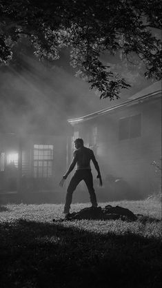 a man standing on top of a lush green field next to a house in the fog