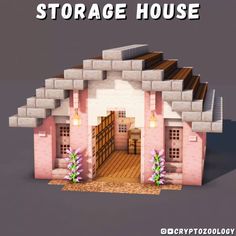 an image of a small pink house with the words storage house on it's side