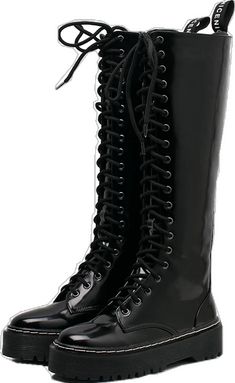 Gothic Faux Leather Lace-up Combat Boots, Black Lace-up Combat Boots With Rivets, Gothic Lace-up Knee-high Boots For Fall, Punk Style Leather Lace-up Boots, Edgy Black Knee-high Lace-up Boots, Gothic Lace-up Boots For Concert, Gothic Black Knee-high Boots For Fall, Winter Combat Boots For Concerts With Round Toe, Winter Grunge Faux Leather Boots