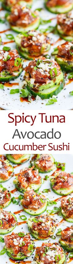 some food is sitting on a plate and ready to be eaten with the words spicy tuna avocado cucumber sushi