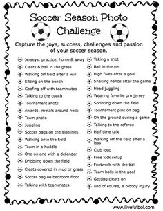 the soccer season photo challenge is shown in this black and white printable activity sheet