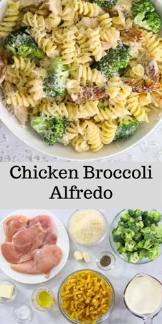 the ingredients for chicken broccoli alfredo are shown in separate bowls and on separate plates