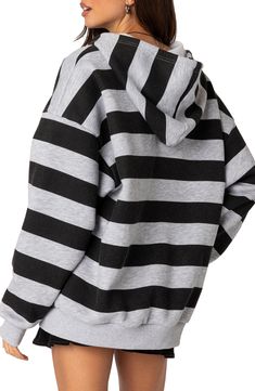 Layer up in the voluminous fit of this striped hoodie that envelopes you in the softness of cozy, cotton-blend fleece. Drawstring hood Ribbed cuffs and hem 50% cotton, 50% polyester Machine wash, dry flat Imported Oversized Zip Up Hoodie, Spring Stripes, Striped Two Piece, Striped Hoodie, Zip Up Hoodie, Grey Hoodie, Zip Hoodie, Top Brands, Zip Ups