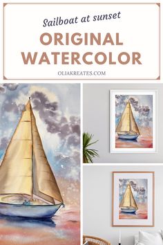 sailboat at sunset original watercolor painting on canvas by ollarrettes com