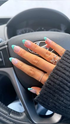 #acrylic #nails #french #aqua #july Mint Blue French Tip Nails, Nails Almond Turquoise, White French Tip With Color Line, Teal And Black Nail Ideas, French Tips Teal, Green Design Acrylic Nails, Teal Design Nails, Country French Tip Nails, Torquise Nails French Tip