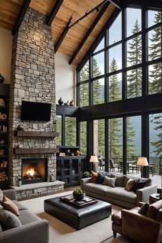 a living room filled with lots of furniture and a fire place in front of a large window