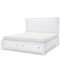 a white bed with two drawers on the bottom and one drawer underneath it, in front of a white background