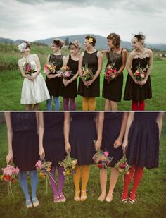 four different pictures of women in dresses holding flowers and wearing colorful tights, standing on grass with mountains in the background