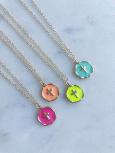 "Colorful Cross Necklace Women, Cross Jewelry, Kids Cross Necklace, Cross Pendant Necklace, Religious Jewelry, Religious Gifts for Women Gorgeous cross necklace on a 14k gold filled chain, 14k gold jumprings and 14k gold filled clasp. Choose from colors hot pink, orange, yellow, turquoise blue.  Giftbox included! Perfect for kids or adults! Great Easter basket gift, first communion gift, confirmation gift, or baptism gift! *For Child Length - we usually do 14.5\" with a 1.25\" extender. Any leng Cameo Choker Necklace, Jewelry Kids, Cross Necklace Women, Bridal Party Jewelry, Book Necklace, 1st Communion, Necklace Cross, First Communion Gifts, Hand Necklace