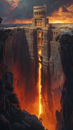 a castle built into the side of a cliff with fire pouring out of it's sides