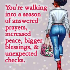 a woman walking down the street with a handbag and purse on her hip, saying you're walking into a season of answers, payers,