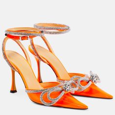 New Without Box Orange Feather Shoes, Orange Mules, Orange High Heels, Tie Heels, Orange Heels, Bow Pumps, Double Bow, Colorful Shoes, Satin Pumps