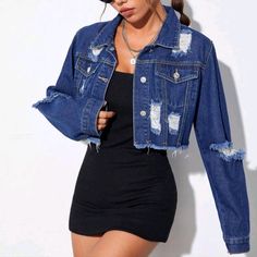 Dark Blue Ripped Raw Hem Crop Denim Jacket 68% Cotton 18% Polyester 14% Viscose Edgy Blue Denim Jacket With Pockets, Edgy Denim Blue Jacket With Pockets, Edgy Cropped Denim Jacket For Spring, Edgy Ripped Denim Jacket For Spring, Edgy Denim Blue Jacket For Spring, Blue Denim Cropped Jacket For Streetwear, Edgy Blue Outerwear For Spring, Edgy Blue Spring Outerwear, Cropped Blue Denim Jacket With Frayed Hem