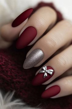 17 Simple Christmas Nail Design Ideas to Sparkle Through the Season Sweater Nail Christmas, No Design Christmas Nails, Simple Christmas Nail Art Ideas, Christmas Proposal Nails, Christmas Nail Coffin Shape, Subtle Red Christmas Nails, Matte Red Nails Christmas, Winter Nail Ideas Red, Simple Christmas Nails Design