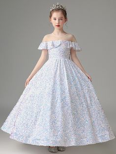 White Ball Gown Sequins Flower Girl Dress High Neck Backless Wedding Dress, Navy Blue Ball Gown, Burgundy Ball Gown, Gold Ball Gown, White Ball Gown, Sequin Flower Girl Dress, Gown Silhouette, Blue Ball Gown, Sequin Ball Gown