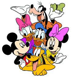 several cartoon characters are grouped together in a circle with their heads tilted to the side