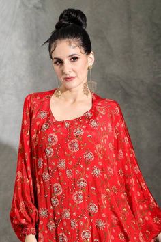 Red anti-fit kurta with all over floral prints, highlighted with floral embellishments. Paired with pull out pant. - Aza Fashions Dia Mirza, Diana Penty, Pant For Women, Cocktail Reception, Luxury Sale, Fashion App, Modern Bride, Batwing Sleeve, Aza Fashion