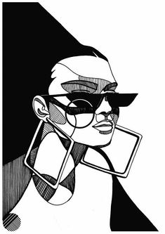 a black and white drawing of a woman with glasses holding a cell phone in her hand