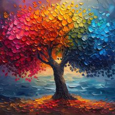 a painting of a tree with colorful leaves on it