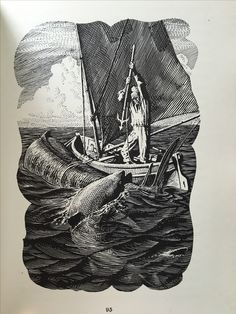 an illustration of a man standing on a boat in the water with a fish nearby