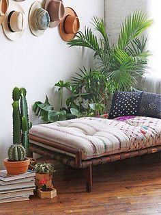 a room with plants, potted plants and a futon bed in the corner