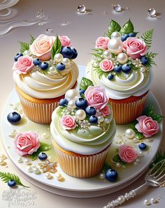 three cupcakes decorated with flowers and pearls