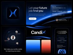 an image of some business cards on a dark background with blue and red colors, including the letter x