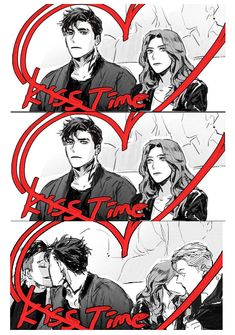 two comics with the words best time to kiss time written in red and black on them