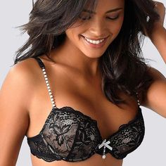 Push up bra with removable pads. * Cups made from lace with contrasting-color lining * Side part made from lace * Straps with decorative pearls on the front * Adjustable straps * Hook and eye back closure * Polyamide/polyester/elastane. Imported. * Hand wash, no bleach, hang to dry * No dryer, iron, or dry clean Minimiser Bra, Bra Lace, Perfect Bra, Lace Straps, Pearl Cream, Support Bras, Plunge Bra, Black Laces, Lingerie Collection