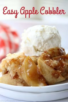 an easy apple cobbler on a plate with ice cream