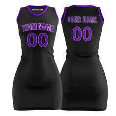 Shop custom black and purple basketball jersey dress for women and girls at Jersey One. The jersey dresses are made from durable, quick-dry, and breathable polyester fabric, they are perfect for daily, parties or outfitting your team. Embroidered Tracking Twill The team name, player name, and player number are embroidered, making the jersey durable, breathable, and stylish. Design Your Own You can also customize the design of our basketball jersey dress template. For example, you can change the Fitted Sleeveless Cheerleading Dress, Black Sleeveless Sports Dress, Basketball Jersey Dress, Purple Basketball Jersey, Basketball Dress, Dress Template, Basketball Jersey Outfit, Dress Templates, Purple Basketball