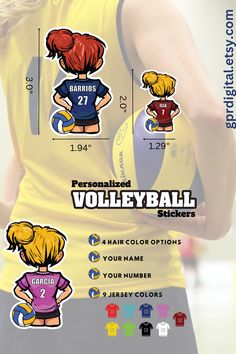 the back of a woman's yellow shirt with different volleyball stickers on it