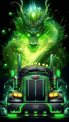 the front end of a semi truck with neon lights on it's sides and an image of a demon in the background