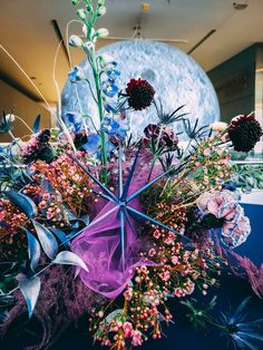 an arrangement of flowers and plants in front of a moon