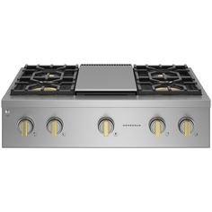 a stainless steel stove top with four burners