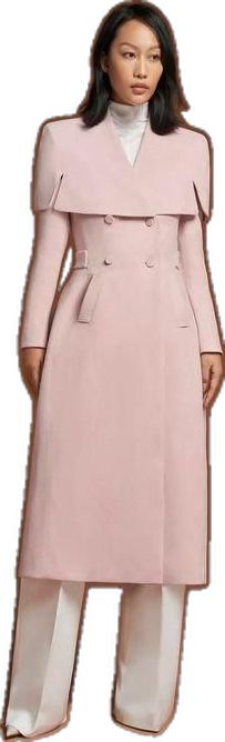 Spring Evening Outerwear With Double-breasted Button, Pink Long Coat For Formal Occasions, Formal Long Pink Coat, Chic Long Formal Outerwear, Luxury Pink Outerwear For Office, Pink Elegant Double-breasted Outerwear, Elegant Single Breasted Pink Outerwear, Elegant Pink Double-breasted Outerwear, Elegant Pink Single-breasted Outerwear