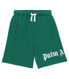 Palm Angels Kids is inspired by LA's laid-back skateboarding scene, as evidenced by these cotton track shorts. The long-line green pair has signature gothic logo lettering and a moisture-wicking terrycloth lining. | Palm Angels Kids Logo cotton shorts Spring Cotton Bottoms With Logo Print, Logo Print Short Bottoms For Streetwear, Cotton Shorts With Logo Print, Short Bottoms With Logo Print For Streetwear, Sporty Cotton Shorts With Logo Print, Logo Print Sports Bottoms For Summer, Summer Sports Bottoms With Logo Print, Sporty Logo Print Bottoms For Spring, Summer Streetwear Shorts With Logo Print