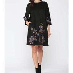 Nwot Joh Avery Dress With Pockets!!!!! Made With Elevated High Quality Faux Stretch Suede. Fall Floral Embroidery All Around. Knee Length. Round Neck. Sleeves Are 3/4. Easy Relax Fit. Very Stylish And Chic. Super Soft And Comfy. Timeless. Black Embroidered Long Sleeve Mini Dress, Embroidered Mini Dress For Fall, Elegant Fall Dress With Embroidered Hem, Floral Embroidered Knee-length Dress For Fall, Spring Black Embroidered Dress With Embroidered Hem, Floral Embroidered Mini Dress For Fall, Black Embroidered Dress With Hem Detail For Spring, Knee-length Floral Embroidered Dresses For Fall, Knee-length Dresses With Floral Embroidery For Fall