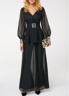 Cutout Back V Neck Sequin Embellished Jumpsuit - V-Neck Jumpsuit - Ideas of V-Neck Jumpsuit #VNeckJumpsuit - Cutout Back V Neck Sequin Embellished Jumpsuit V Neck Jumpsuit, Embellished Jumpsuit, Cheap Jumpsuits, Trendy Jumpsuit, Sequin Jumpsuit, Jumpsuit Outfit, Long Sleeve Sequin, Ladies Tops, Tops Fashion