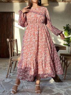 Plus Size Holiday Casual Ditsy Floral Lantern Sleeve Dress Maxi Women Outfit Pink Casual  Long Sleeve Fabric Plants A Line Non-Stretch  Women Plus Clothing, size features are:Bust: ,Length: ,Sleeve Length: Casual Dress Plus Size Shein, Floral Lantern, Plus Size Holiday, Fabric Plants, Lantern Sleeve Dress, Women Outfit, Women Maxi, Vestido Casual, Dress Maxi