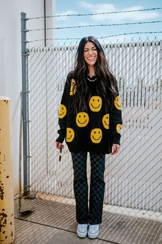 LALA ORIGINAL DESIGN: Have Fun Oversized Smiley Knit *RESTOCKING SOON* – Dressed In LALA Oversized Yellow Sweater For Streetwear, Playful Yellow Sweater For Fall, Fun Oversized Winter Sweater, Playful Oversized Sweater For Fall, Oversized Playful Sweater For Fall, Yellow Sweater For Winter Loungewear, Yellow Winter Sweater For Loungewear, Yellow Winter Loungewear Sweater, Oversized Fun Sweater For Fall