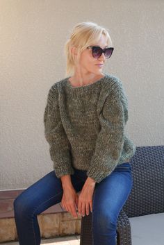 Olive hand knit sweater for casual outfit. It is super soft and suits perfectly to everything (jeans, skirt). Material: mix of Italian kid mohair and acrylic. It is not prickly for sensitive skin. Measurements are : ❤️ Width -58 cm ❤️ Length -53 cm ORDER It is made to order. I need 7-10 working days to make and ship it. Any sizes are available. If you would like sweater in other size, you could request a custom order with your own parameters, so do not hesitate to message me with any questions a Casual Hand Knitted Knitting Pattern, Loose Knit Sweater, Hand Knit Sweater, Loose Fit Sweater, Rose Sweater, Jeans Skirt, Womens Sweaters, Loose Knit Sweaters, Mohair Cardigan