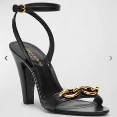 Saint Laurent "Maillon" Sandals In Smooth Calf Leather With Chain Accent 3.8" Covered Cone Heel Open Toe Adjustable Ankle Strap Smooth Sole Made In Italy No Box Or Dust Bag Purchased At A Designer Pop Up Shop I Have The Receipt. Size 38.5 Eu But Fits A Size 8 Elegant Heels With Chain Strap And Open Heel, Formal Heels With Chain Strap And Open Heel, Elegant Leather Heels With Chain Strap, Designer Open Toe Heels With Chain Strap, Evening Heels With Chain Strap And Round Toe, Pretty Heels, Saint Laurent Shoes, Fabulous Shoes, Clothes Horse