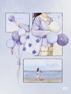 a watercolor painting of a woman holding balloons